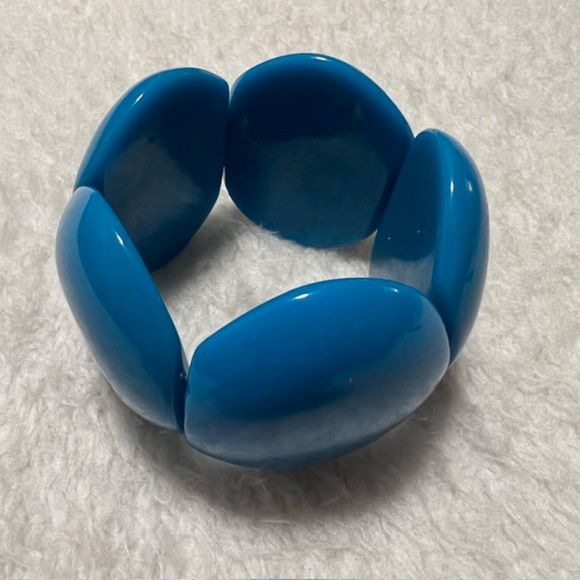 Chunky Retro 80s 90s Blue Teal Large Flat Beads Elastic Bracelet - Picture 4 of 7
